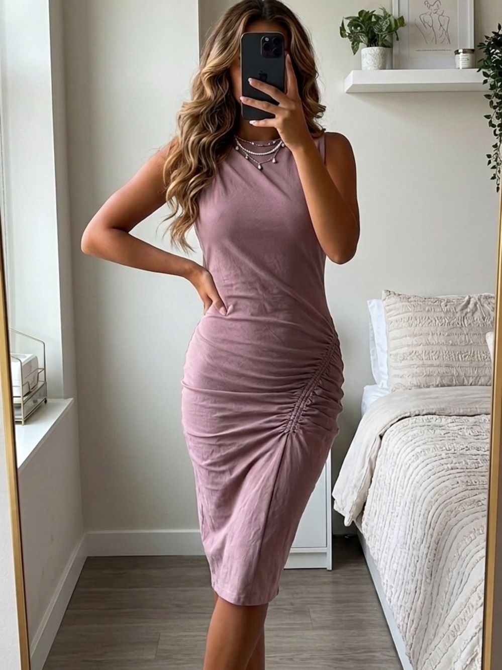 Zara Mauve Ruched Bodycon Midi Dress - Open Back | Small